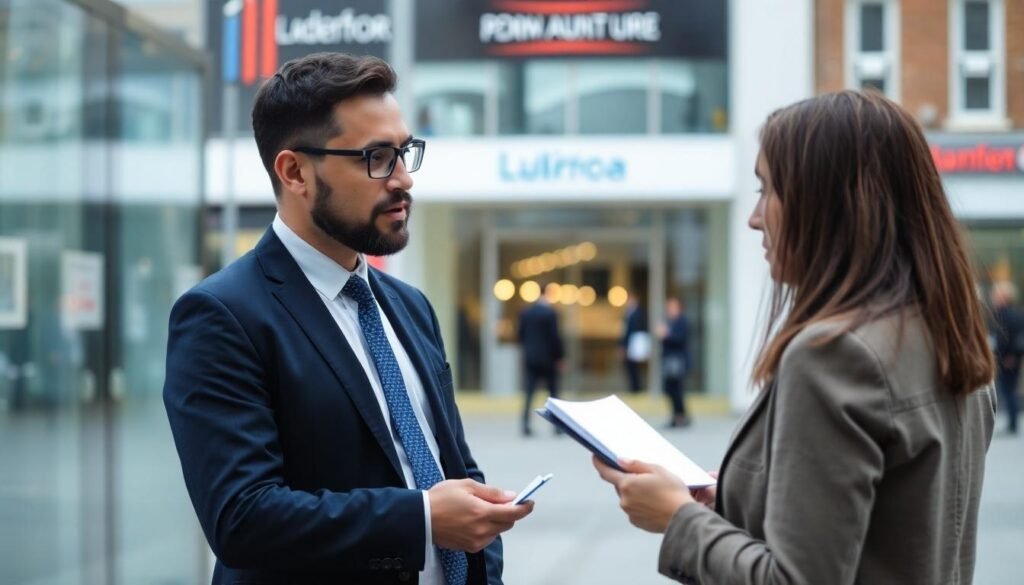 Aldershot No Win No Fee Solicitors: A solicitor and client stood in a town centre discussing their case.
