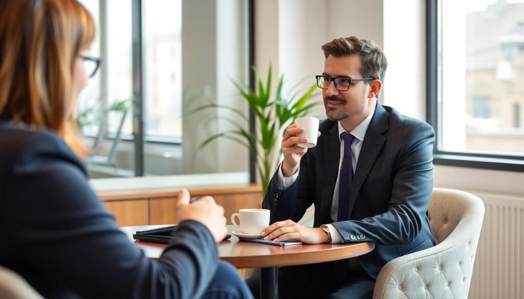 Ashford No Win No Fee Solicitors: a picture of a client drinking coffee while sat talking with his solicitor.