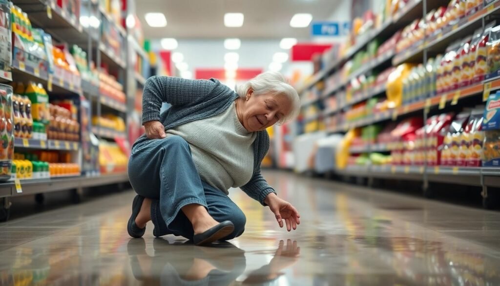 Atherton No Win No Fee Solicitors: A picture of a woman who has fallen over and injured herself in a supermarkt.