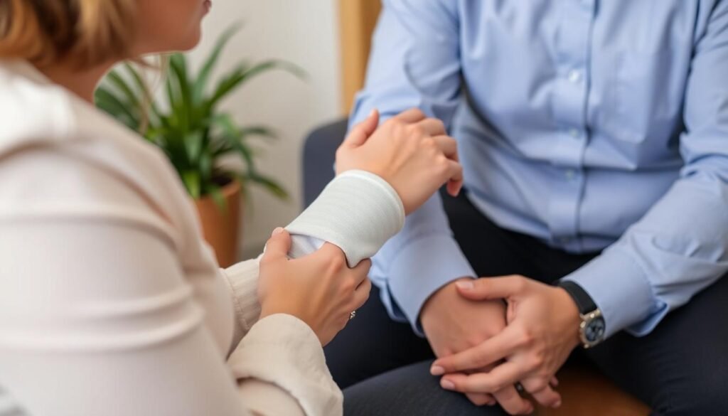 Batley No Win No Fee Solicitors - a picture of a woman who has a broken arm and is discussing a compensation claim with a solicitor.
