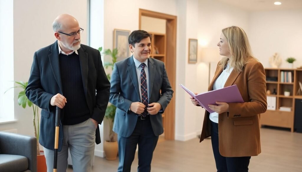 Burnley No Win No Fee solicitors: a man using a walking stick for support speaks to his solicitors about a compensation claim
