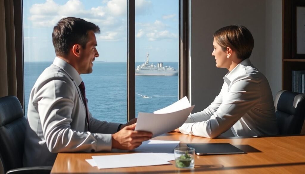 Folkestone No Win No Fee Solicitors: A client sits with his female solicitor discussing paperwork across a desk.