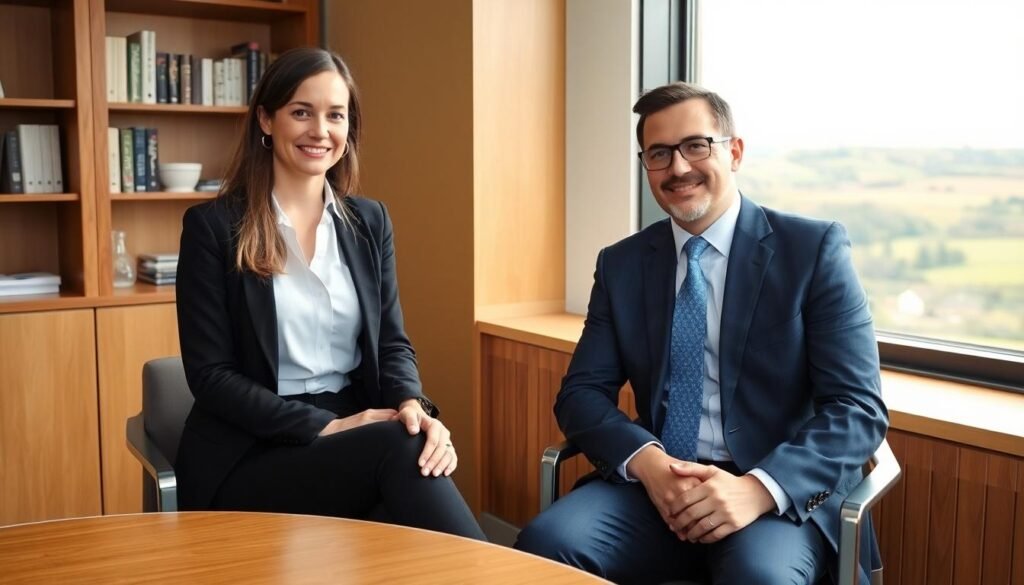 Harrogate No Win No Fee Solicitors: A female solicitor and a male client sat at a desk overlooking the Yorkshire countryside