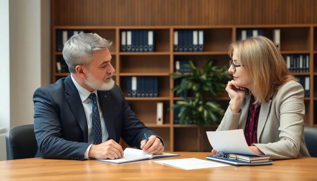 Horsham No Win No Fee Solicitors: A female solicitor at discussing a compensation claim with her male client.