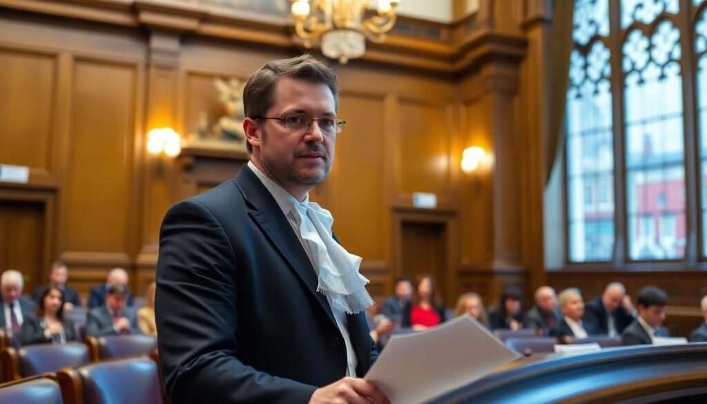 Inverness No Win No Fee Solicitors: A picture of a male solicitor delivering a speech in court