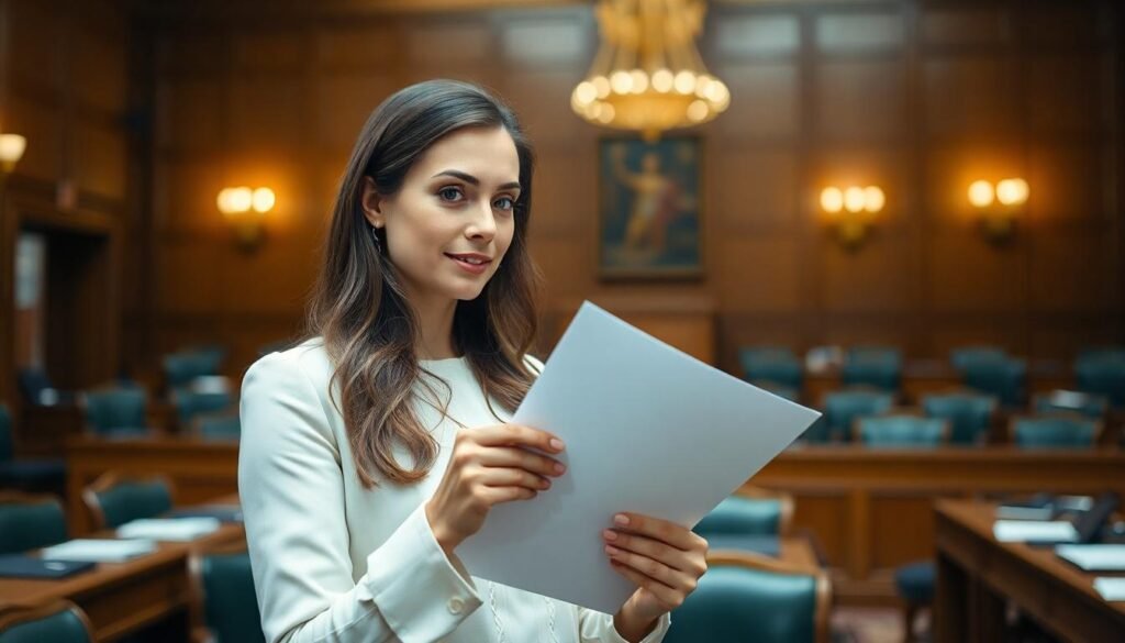 Redditch No Win No Fee solicitors: A picture of a female barrister holding paperwork in a courtroom