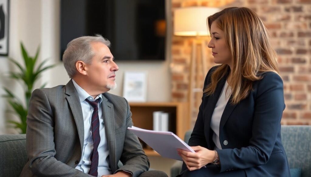 Titpton No Win No Fee Solicitors: A female solicitor sat on a sofa with her male client reviewing paperwork