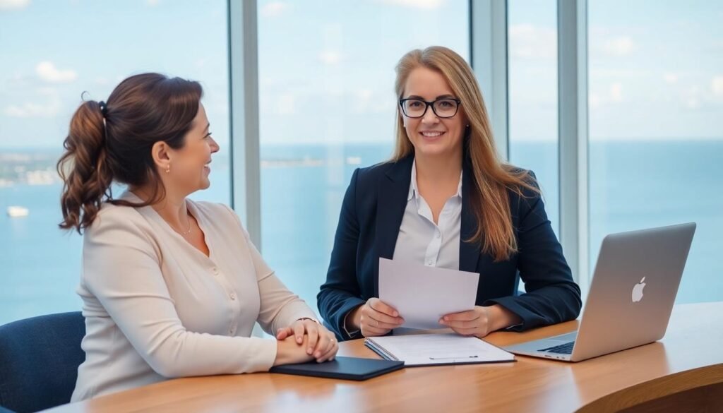 Wellingborough No Win No Fee Solicitors: A female solicitor and female client sat at a desk reviewing a compensation claim