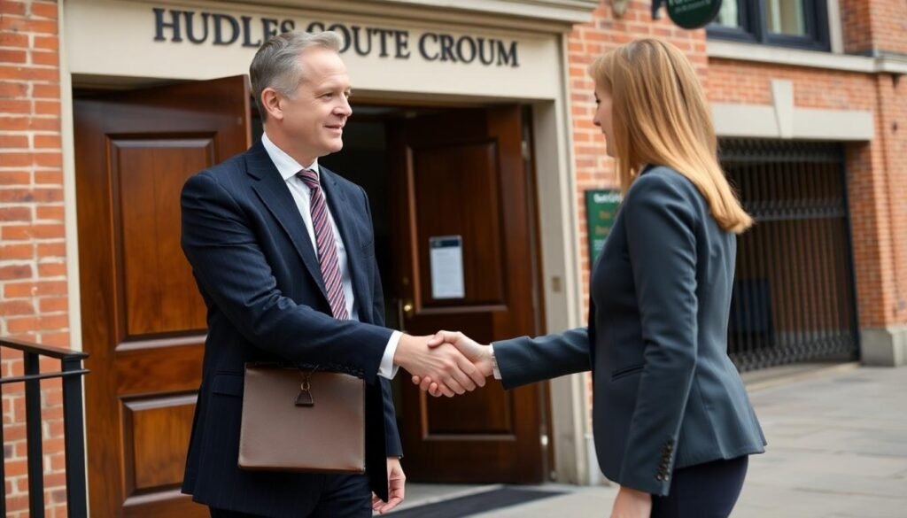 Wrexham No Win No Fee Solicitors - A solicitor stood outside a courtroom shaking hands with their client