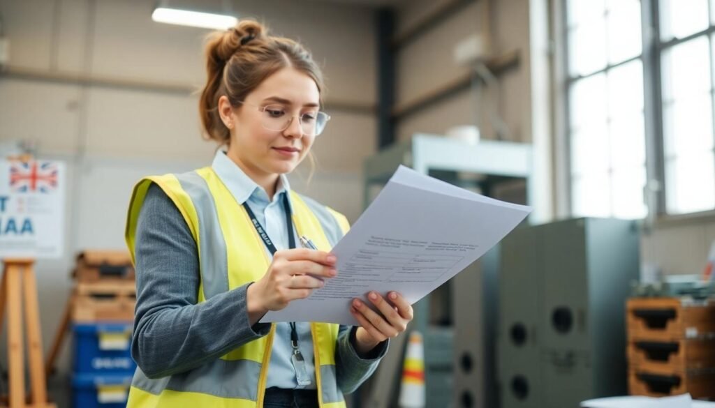 Bridlington No Win No Fee Solicitors: a female employee wearing safety glasses and a high-vis jacket reviews an accident report form