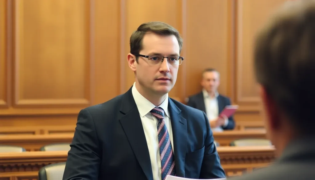 Bushey No Win No Fee Solicitors: A picture of a male solicitor in court representing his client.
