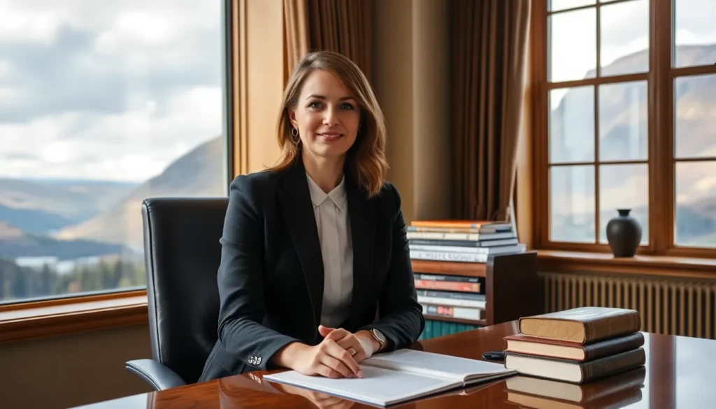 Cambuslang No Win No Fee Solicitors: A female solicitor sat at her office desk signing paperwork.