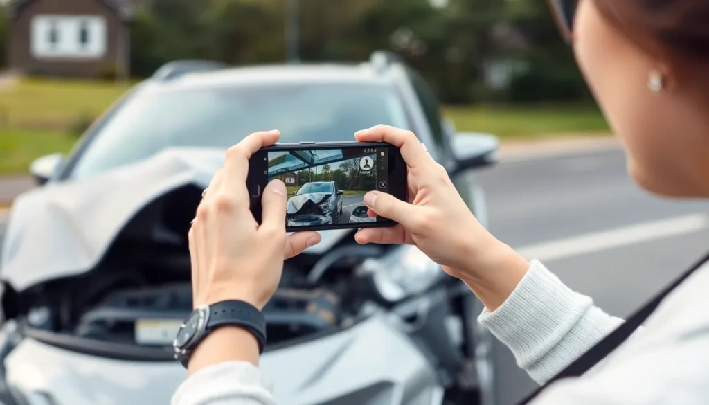 Chertsey No Win No Fee Solicitors: a picture of somebody taking a photo of their damaged car following a road traffic accident.