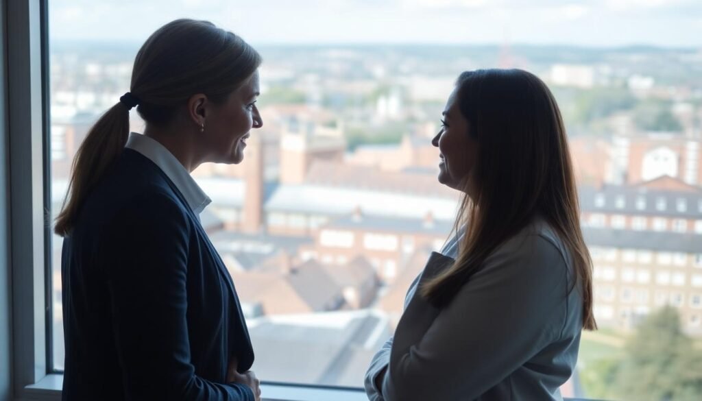 No Win No Fee Solicitors Chester: A female solicitor and her female client are stood by the window of her office overlooking the town centre.