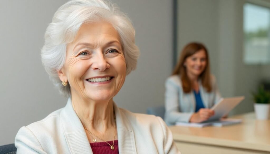 Clevedon No WIn No Fee Solicitors: A picture of an elderly woman smiling in front of her solicitor who is working at her desk.