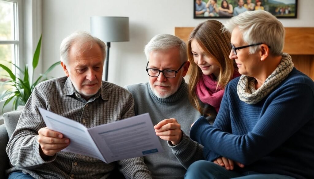 Darwen No Win No Fee Solicitors: a picture of an old man sat on a sofa reviewing a solicitor's contract with his family.