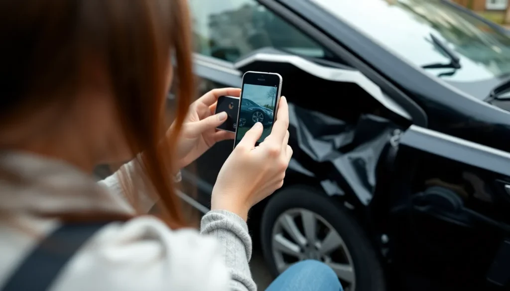 Egham No Win No Fee Solicitors: A woman using her mobile phone to take a photo of damage to her car