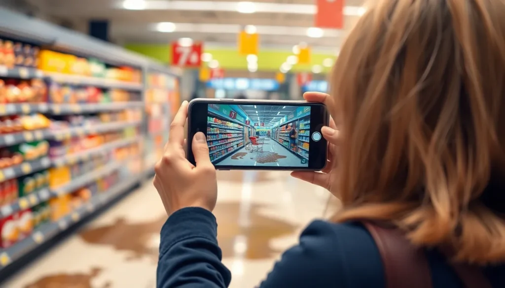 Farnham No Win No Fee Solicitors: A picture of a woman using her mobile phone to take a photo of a spillage in supermarket.