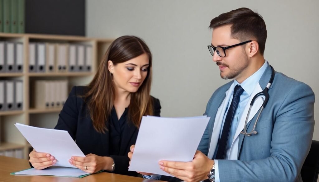 Grantham No Win No Fee Solicitors: A female solicitor sat with a male doctor reviewing paperwork for a personal injury claim.