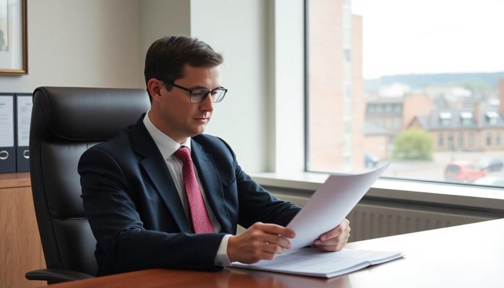Halifax No Win No Fee Solicitors: A picture of a male solicitor sat at his desk reviewing paperwork.