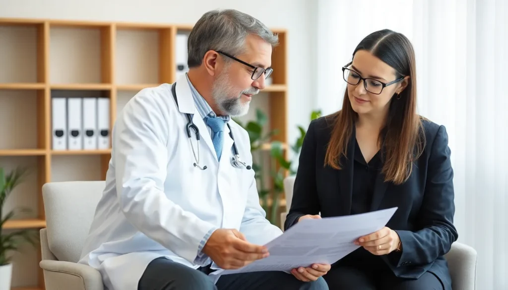Irlam No Win No Fee Solicitors: A female solicitor and a male doctor reviewing medical records.
