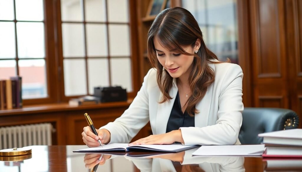 Kendal No Win No Fee Solicitors: A picture of a female solicitor sat signing paperwork at her desk.