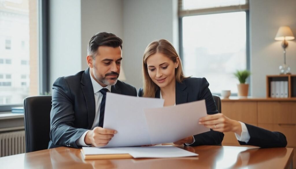 Knottingley No Win No Fee Solicitors: two solicitors reading over case files while sat at a desk.