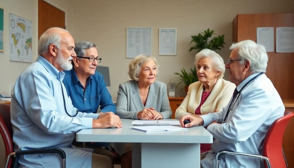 Lichfield No Win No Fee Solicitors: An elderly woman discussing her medical history with a panel of specialists.
