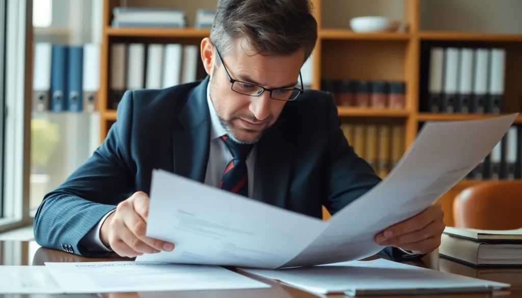 Newton Mearns No Win No Fee Solicitors: A male solicitor sat at his desk reading through case paperwork.