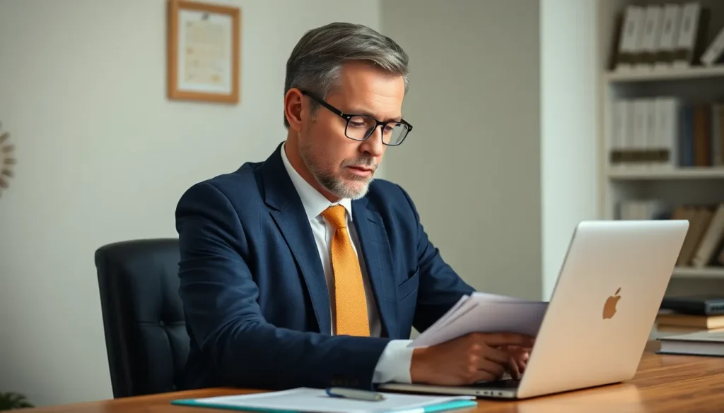 Ormskirk No Win No Fee Solicitors: A male solicitor looking at paperwork while working on his laptop