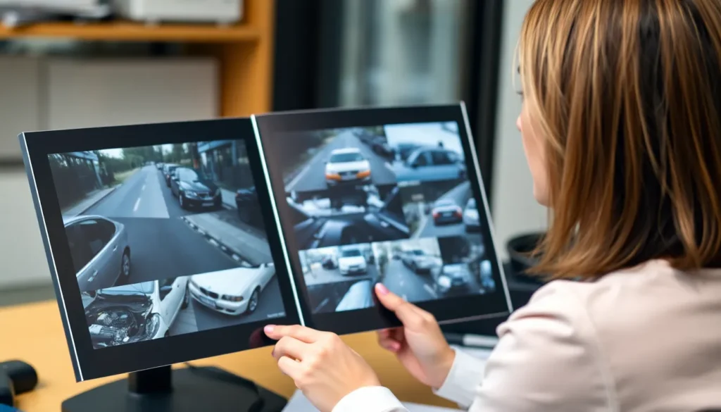 Stalybridge No Win No Fee Solicitors: A picture of a solicitor reviewing a series of pictures relating to a road traffic accdient claim.