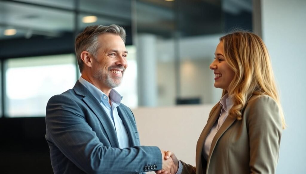 Stratford-Upon-Avon No Win No Fee Solicitors: A picture of a female solicitor shaking hands with her male client