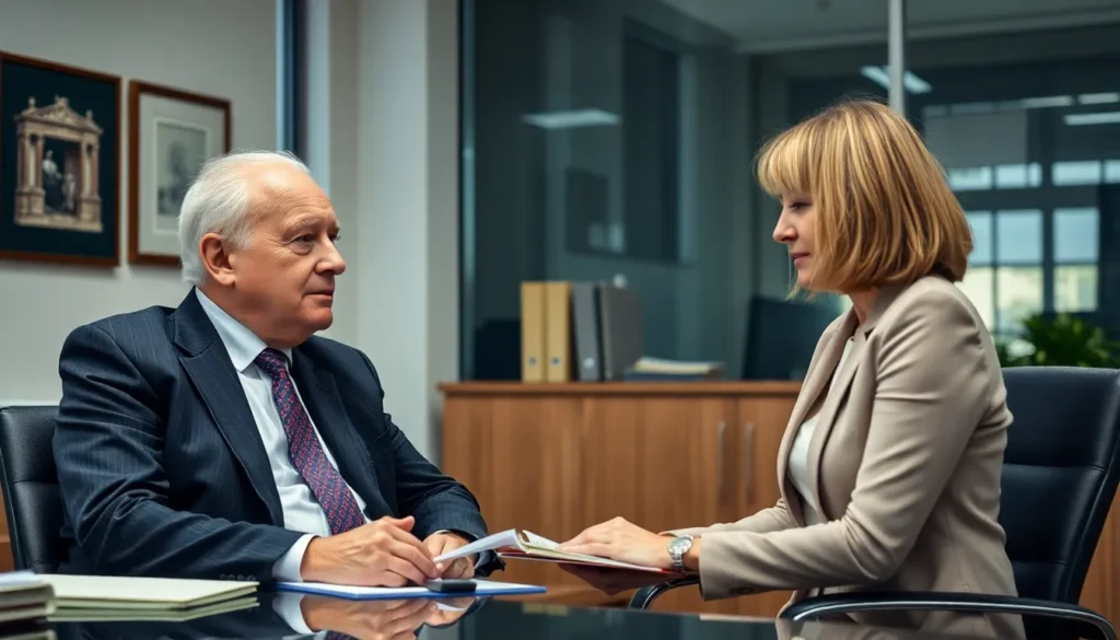 Stubbington No Win No Fee Solicitors: An elderly male client wearing a blue suit sits at his female solicitors desk discussing his compensation claim.
