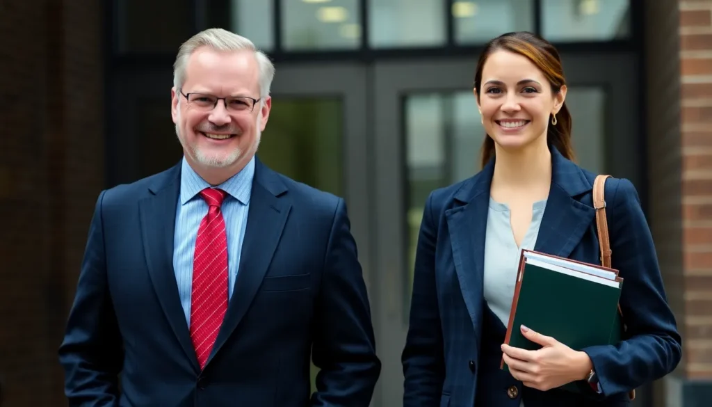 Whitehaven No Win No Fee Solicitors: A female solicitor and her male client smiling as they leave a court building