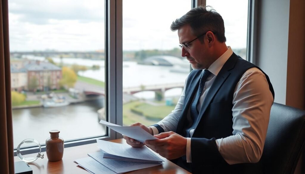 No Win No Fee Solicitors Wisbech - a solicitor sat at his desk reading paperwork. The office overlooks a river.