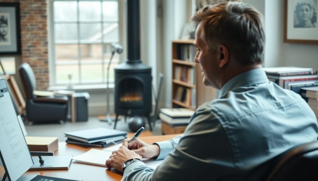 Ystrad Mynach No WIn No Fee Solicitors: a picture of a solicitor sat at his desk reading case files.