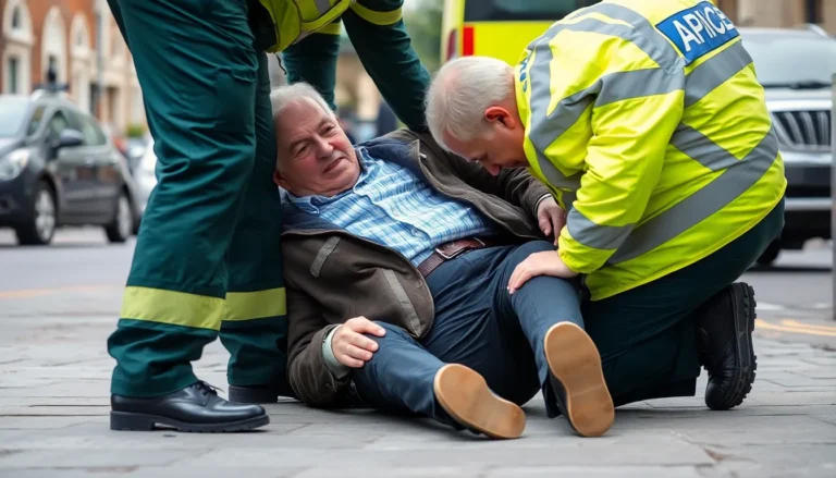 A man being treated after falling on a pavement.