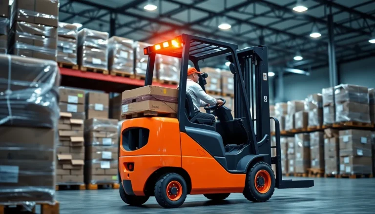 An orange forklift truck being operated in a warehouse.