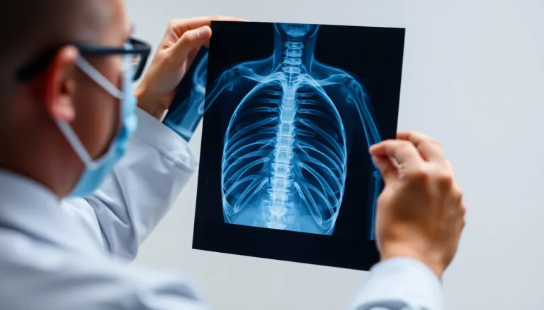 A doctor examining an x-ray of a torso