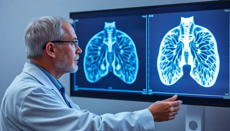 A doctor examining a set of lung scan results.