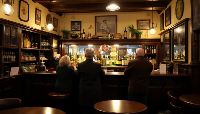 A few people at the bar in a traditional British pub.