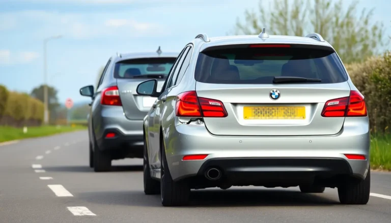A picture of a car driving too close to another increasing the risk of a rear-end collision.