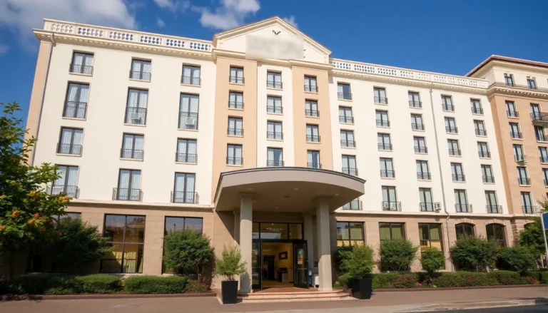 An outside view of a large hotel